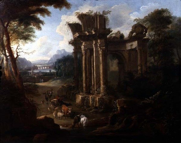Klasszikus tájkép marháját itató tehénpásztorral, 1720 körül (olaj, vászon) alkotó: Anglo Flemish School