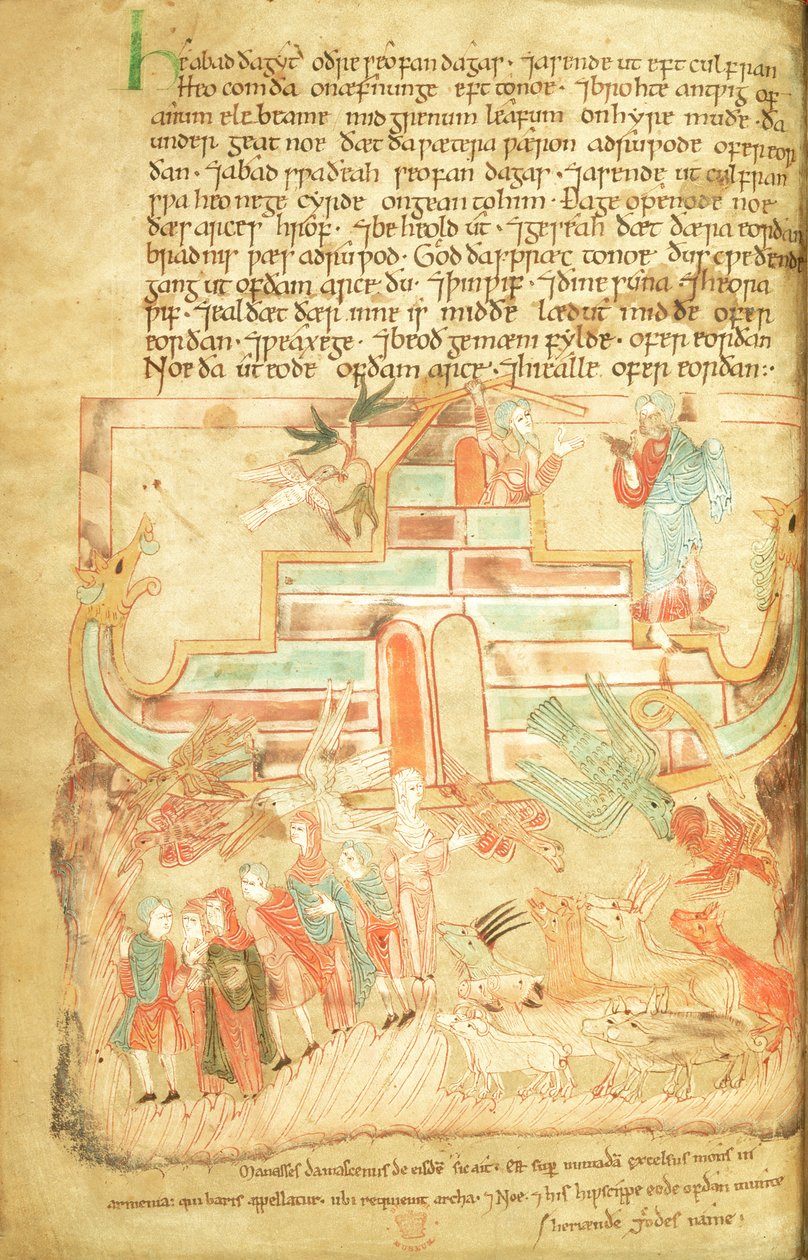 Cott Claud B IV f.15v Noé és családja elhagyja a bárkát, az Aelfric Pentateuchból, a canterburyi St. Augustine