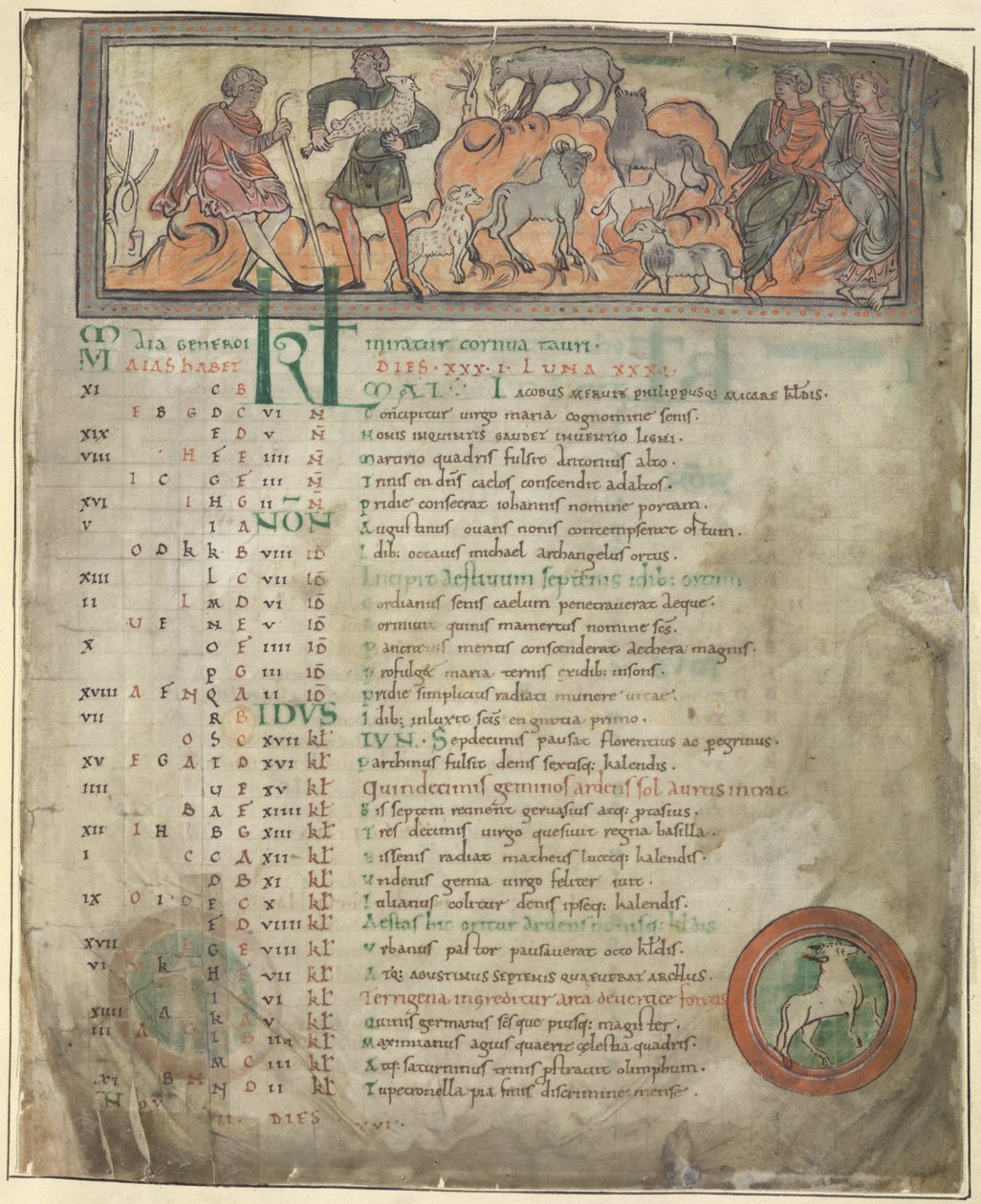 Cotton Tiberius B. V, 1. rész, f.5 Május naptári oldal. Birkák gondozása. Két pásztor a nyájával, az egyik kezében egy szélhámos, és három ülő alak. Gyalog, Kos körben alkotó: Anglo Saxon