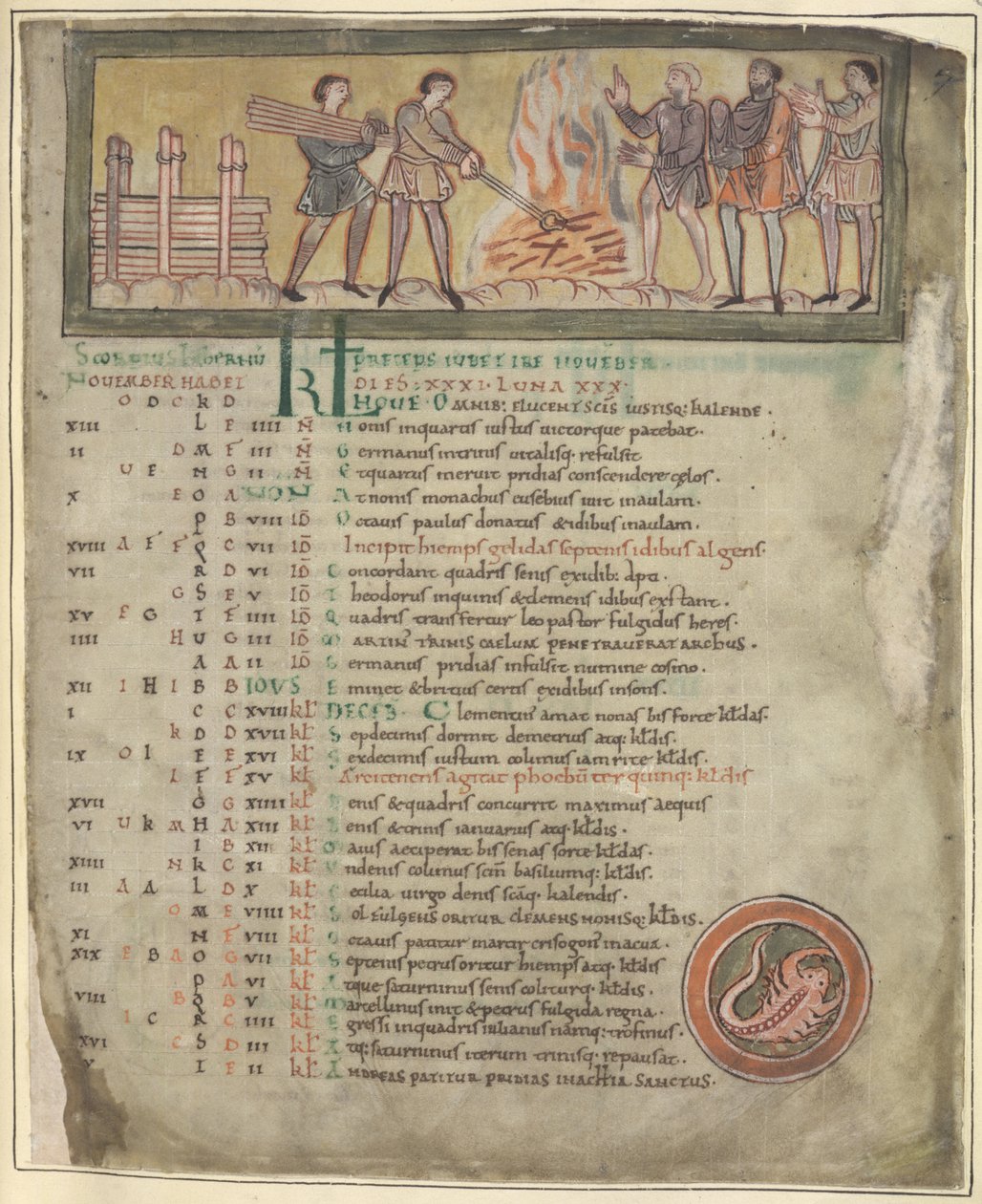 Cotton Tiberius B. V. 1. rész f.8 Melegítés és kovácsolás, november egy naptárból, Winchester (?) 11. század második negyede (vellum) alkotó: Anglo Saxon