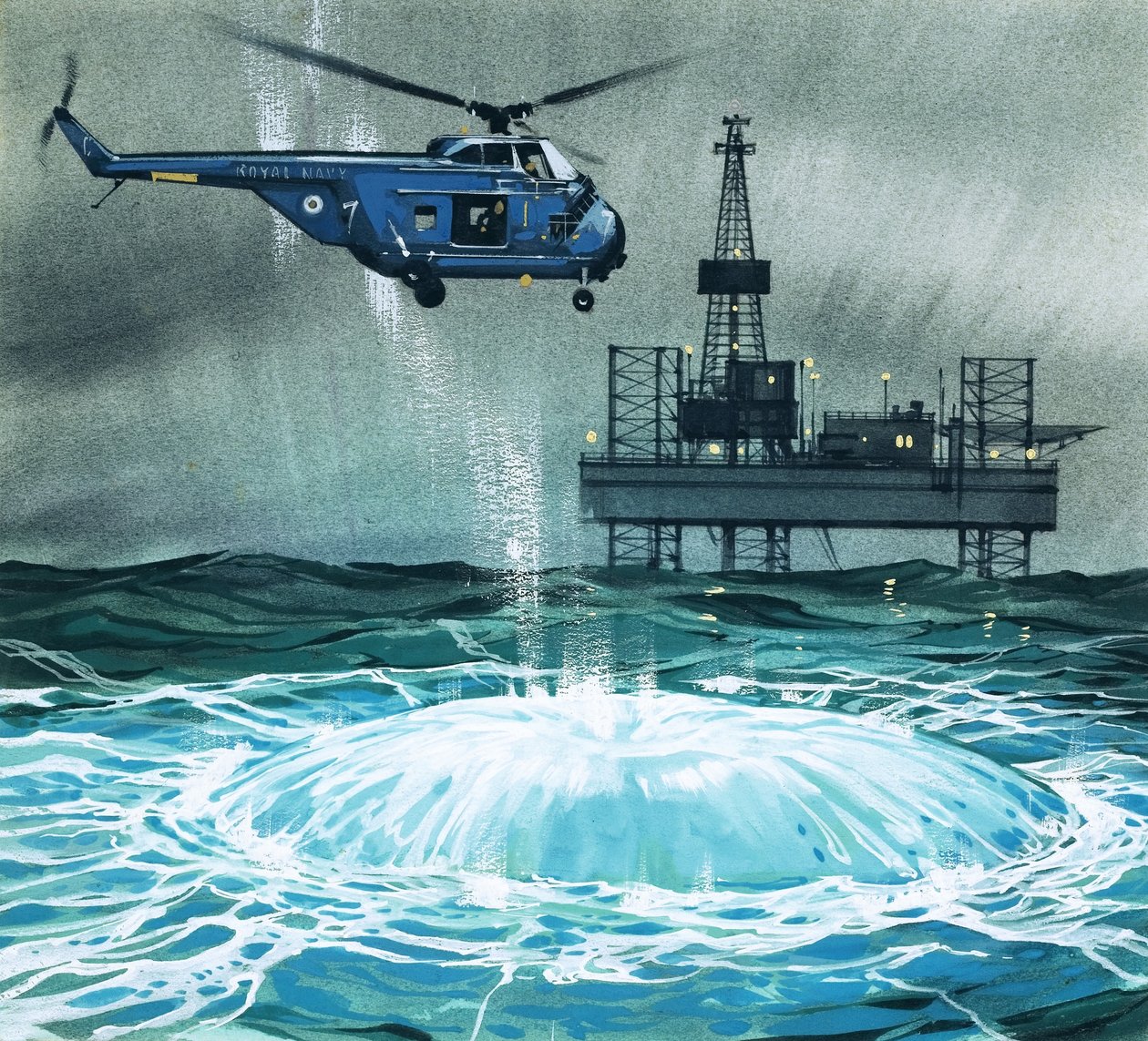 Egy helikopter megközelít egy olajfúrótornyot alkotó: Angus McBride