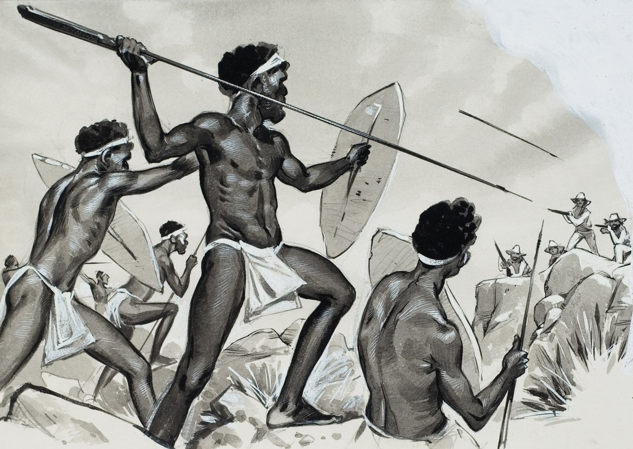 Aboriginek támadás alatt (gouache, papír) alkotó: Angus McBride