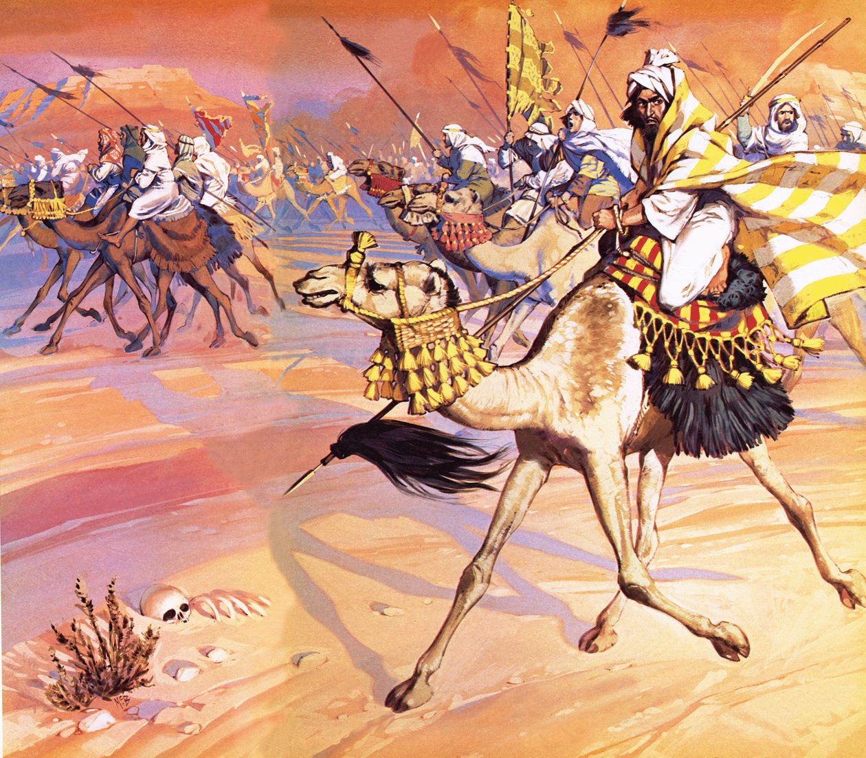 Arabok özönlenek át a sivatagon, hogy megöljék Mohamedet. alkotó: Angus McBride