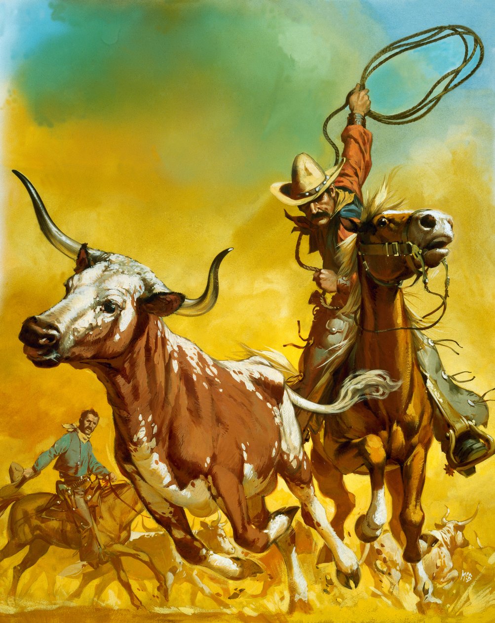 Cowboy lasszóval szarvasmarhát fog (gouache, papír) alkotó: Angus McBride