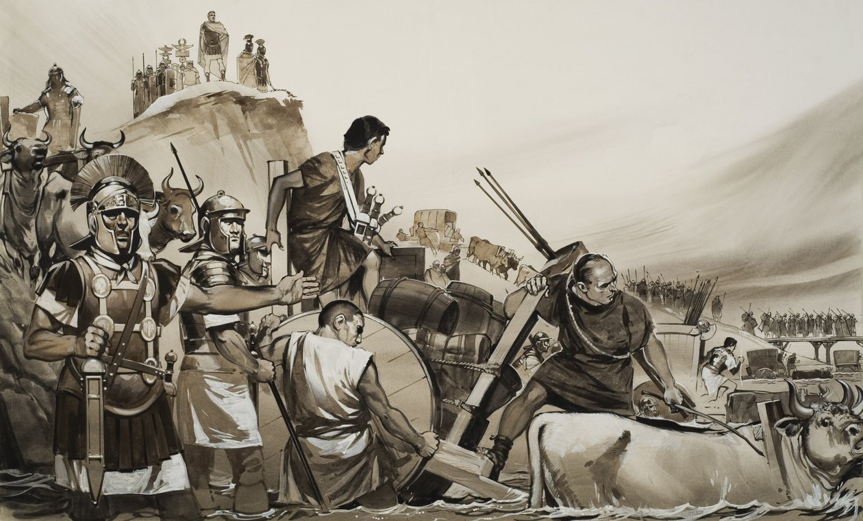 Julius Caesar (i.e. 100-44) átvezette katonáit a Rubicon folyón, és Róma ellen vonult (gouache, papír) alkotó: Angus McBride