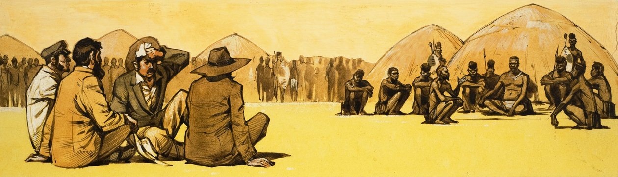 Úttörők tárgyalnak törzsfőnökökkel Afrikában alkotó: Angus McBride