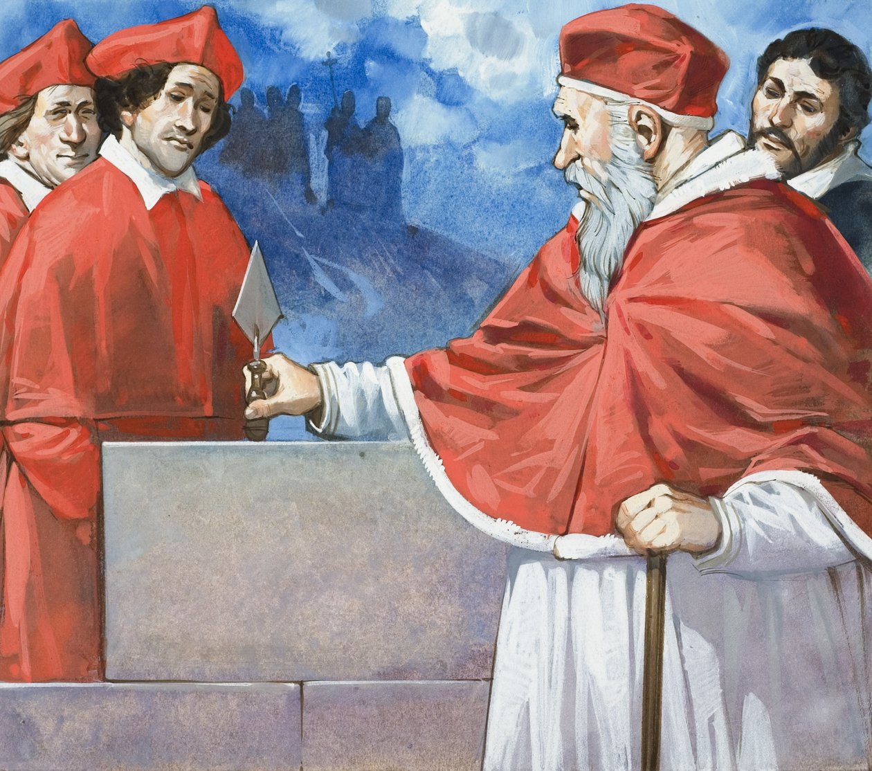 II. Julius pápa (1443-1513) a Szent Péter templom alapkövének letétele 1506-ban (gouache, papír) alkotó: Angus McBride