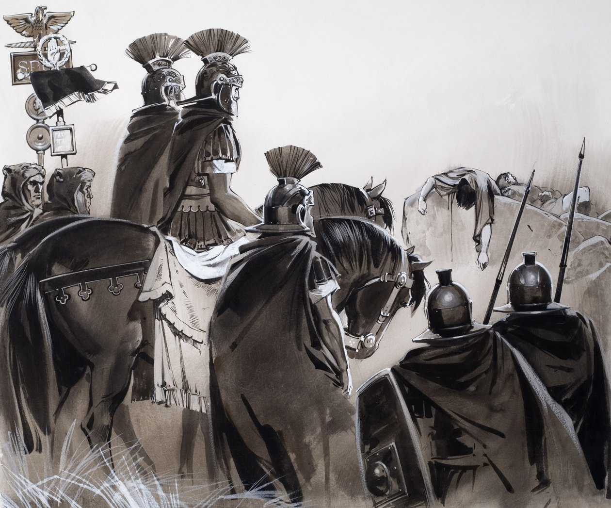 Római katonák egy csata után (gouache, papír) alkotó: Angus McBride