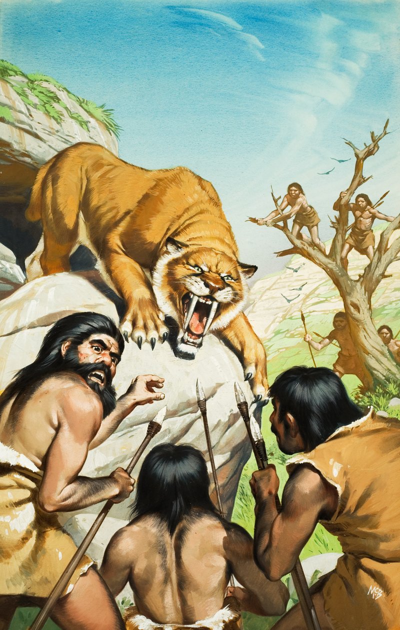 Szablyafogú tigris és barlanglakók (gouache, papír) alkotó: Angus McBride