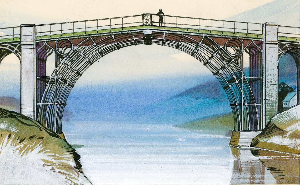 Az első vashíd Nagy-Britanniában, az Ironbridge-szurdoknál. alkotó: Angus McBride