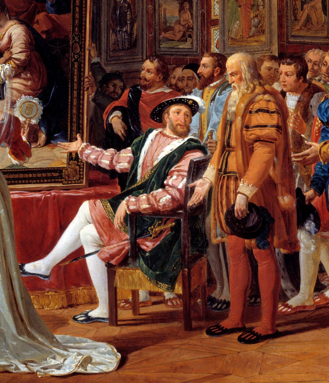 Részlet a festményről: Francois 1. százada: Francois 1. francia király Fontainebleau-ban fogadja a Szent Család festményét, amelyet Raphael (Raffaello sanzio olasz festő) küldött Rómából hálája tiszteleteként. Leonard de Vinci (Leonar alkotó: Anicet Charles Gabriel Lemonnier