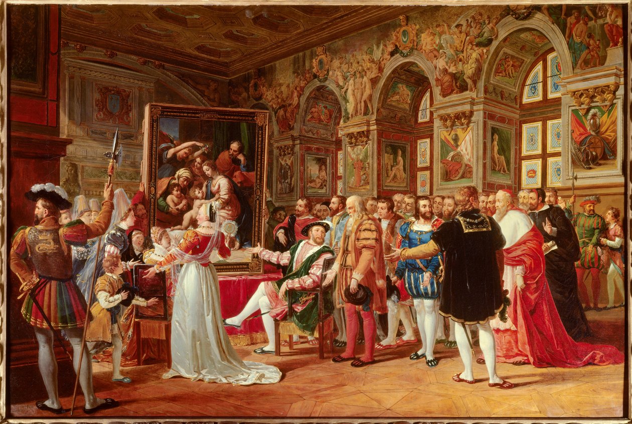 1. Francois százada: Francois 1. francia király hálájaként megkapta Fontainebleau-ban a Szent Család festményét, amelyet Raphael (Raffaello sanzio olasz festő) küldött Rómából. Oldalain megkülönböztetjük: (Rész balra o alkotó: Anicet Charles Gabriel Lemonnier