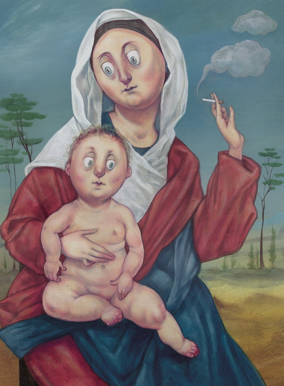 Madonna egy cigarettaszünetben, 2018 (akrilfesték illusztrációs kartonra) alkotó: Anita Kunz