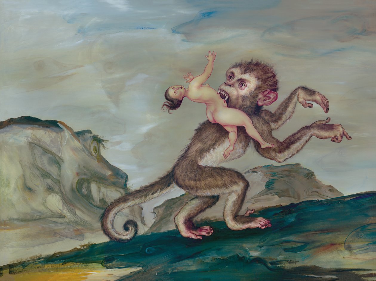 Woman Carried Off By Her Primate, 2018 (akrilfesték illusztrációs táblára) alkotó: Anita Kunz