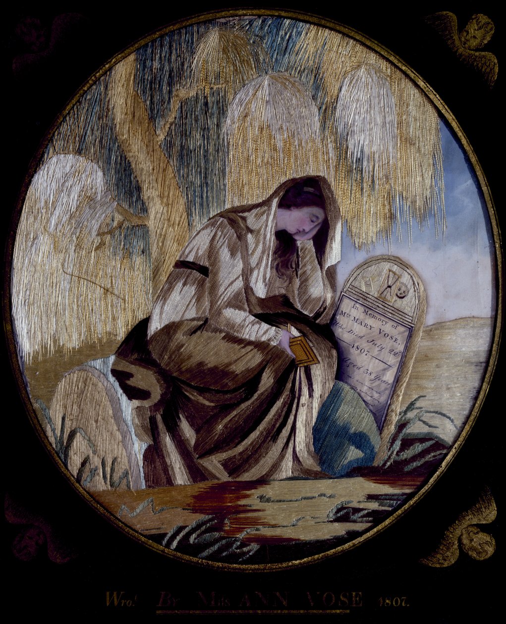 Hímzett emlékkép, 1807 (selyem, alkalmazott papír, akvarell és tus) alkotó: Ann Vose
