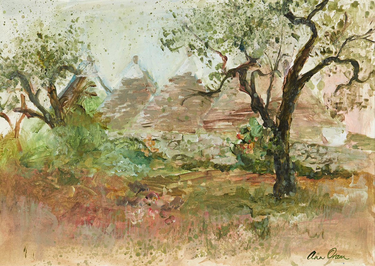 Trulli és olajfa (akvarell és gouache) alkotó: Ann Oram