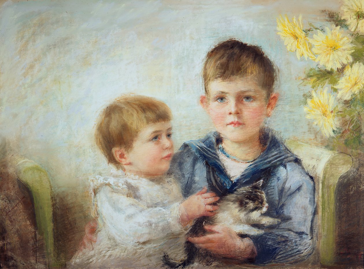 Fiú és lány cicával, 1889 (pasztell, papíron) alkotó: Anna Lea Merritt