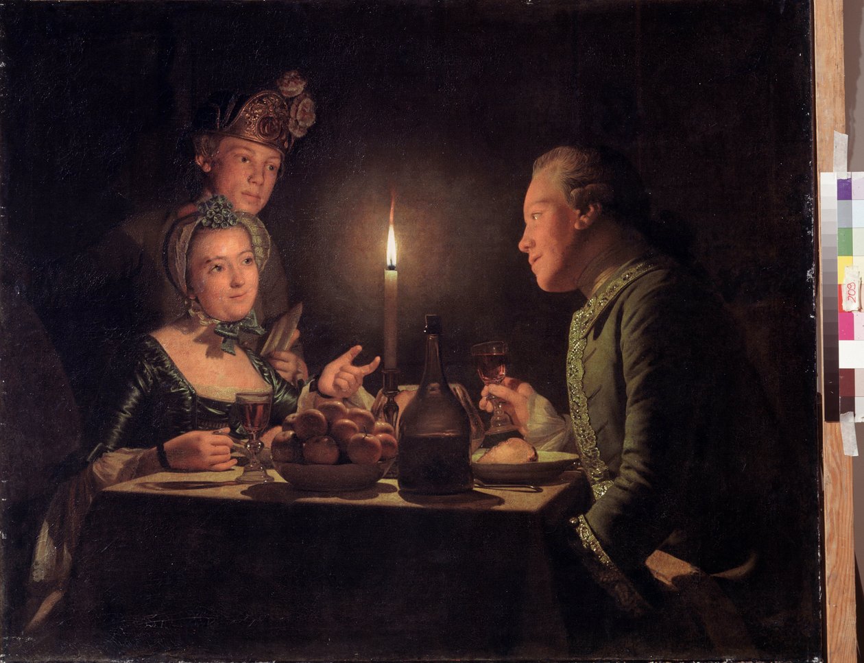 Gyertyafényes vacsora (Vacsora gyertyafénnyel). Anna Dorothea Therbusch Lisiewska (1721-1782) festménye. Olaj, vászon, 95,5 x 117 cm alkotó: Anna Dorothea Lisiewska