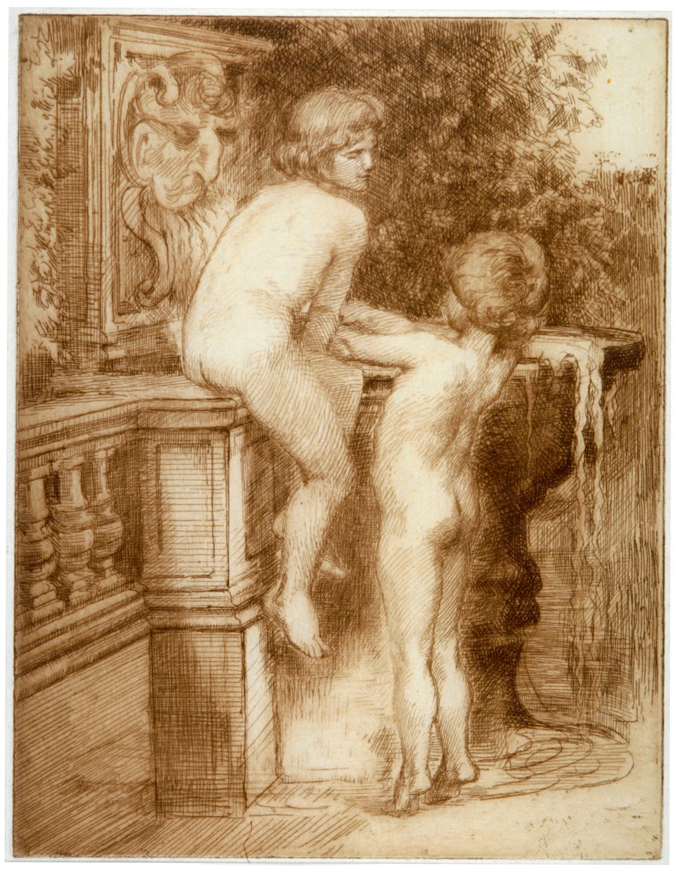 „Két fiú egy szökőkútnál”, 1864-1930 alkotó: Anna Lea Merritt