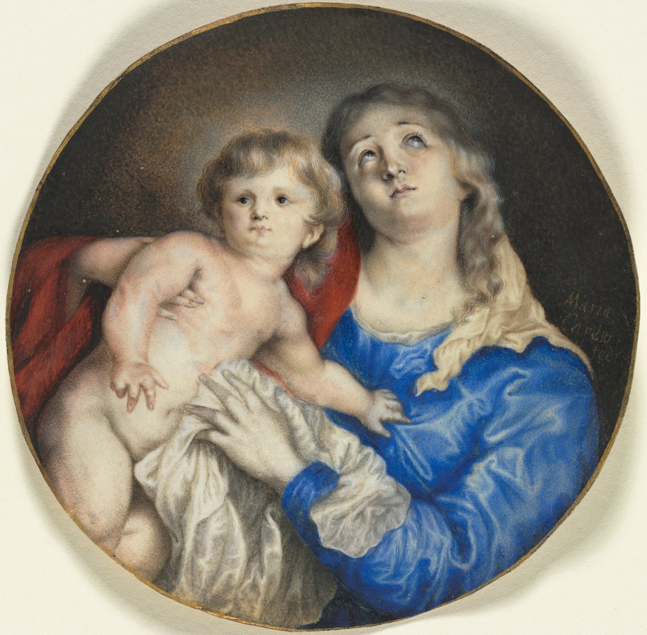 Szűzanya és gyermeke, 1662 körül (gumival emelt akvarell, pergamen, arannyal) alkotó: Anna Maria Carew