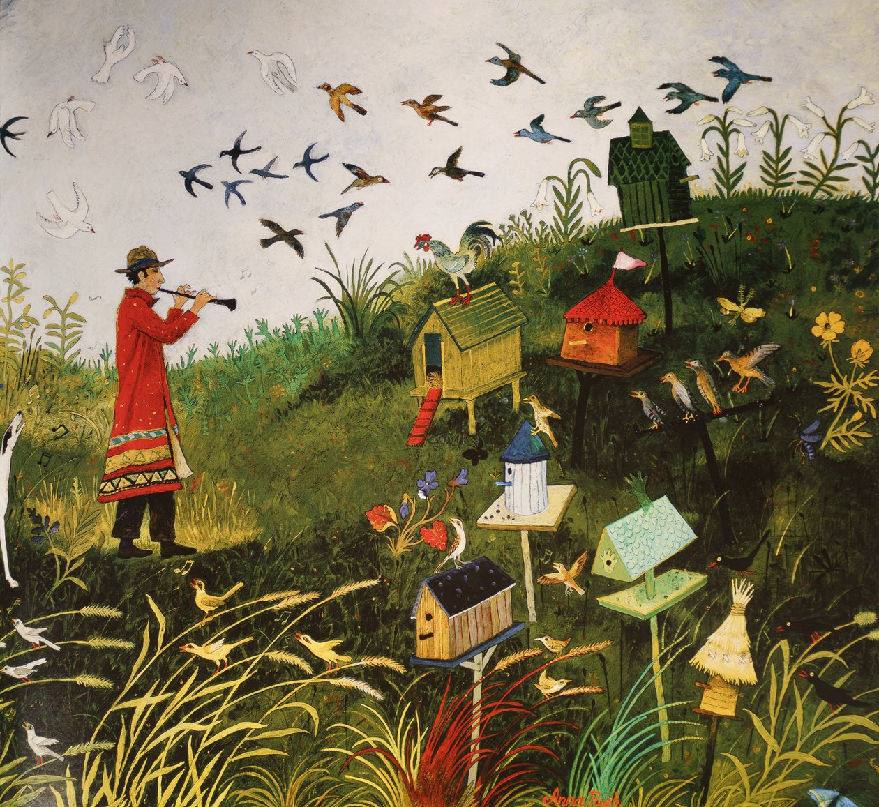 Bird Piper fekete madarakkal, 2001 (akril) alkotó: Anna Pugh