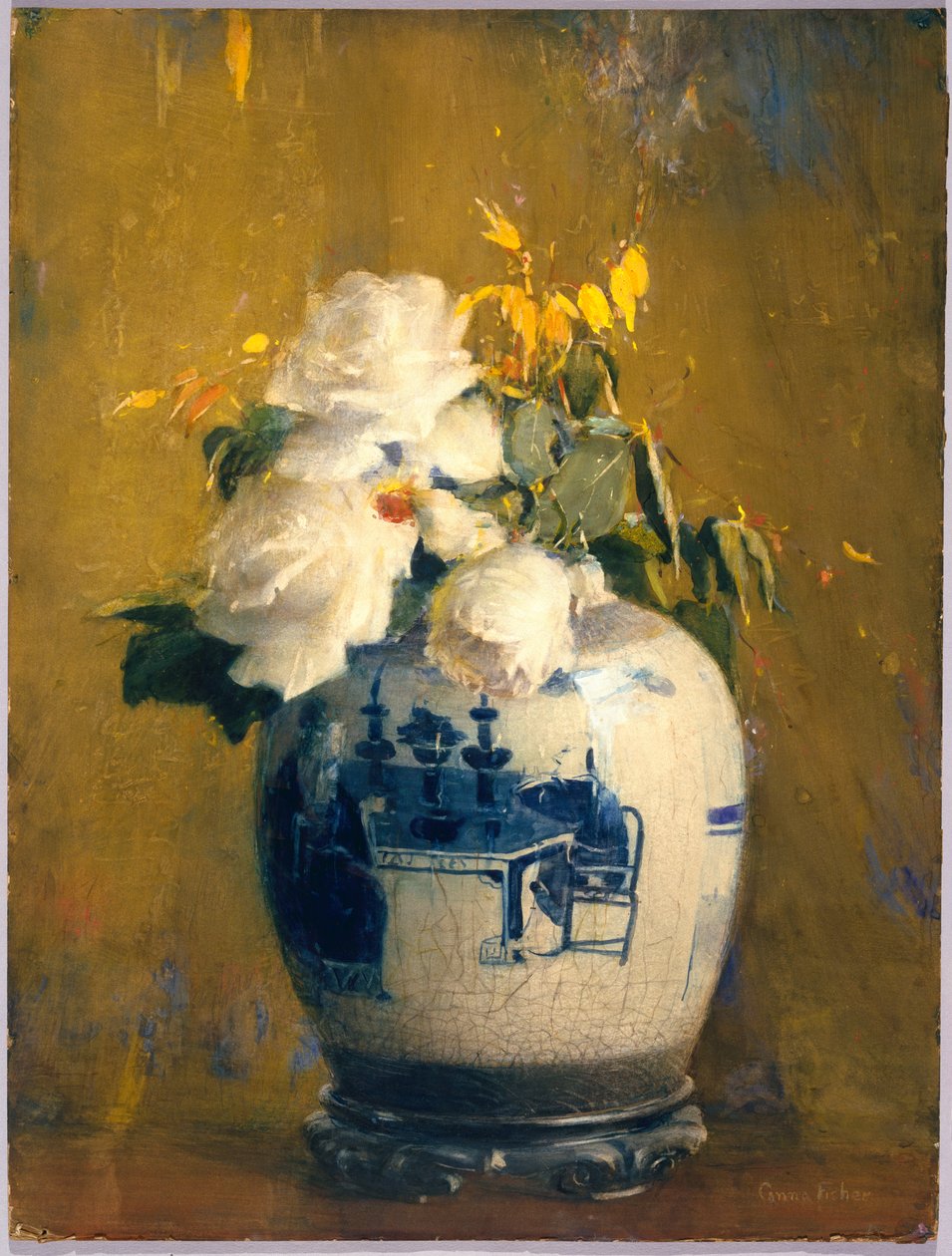 A fehér rózsák, 1922 előtt (fedő akvarell, grafit, pasztell és áttetsző akvarell, krémszínű, közepesen vastag, enyhén texturált vászonpapírra, cellulózkartonra erősítve). alkotó: Anna S. Fisher