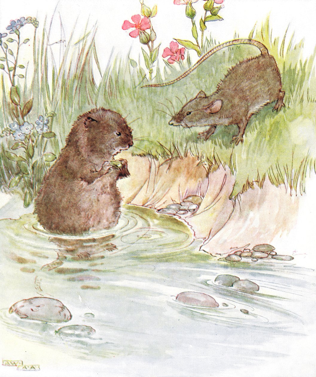 „Called on Squire Water Rat, a család régi barátja”, illusztráció a „The Mischievous Mouse Book” című könyvből, Thomas Nelson und Sons, 1920-as évek alkotó: Anne Anderson