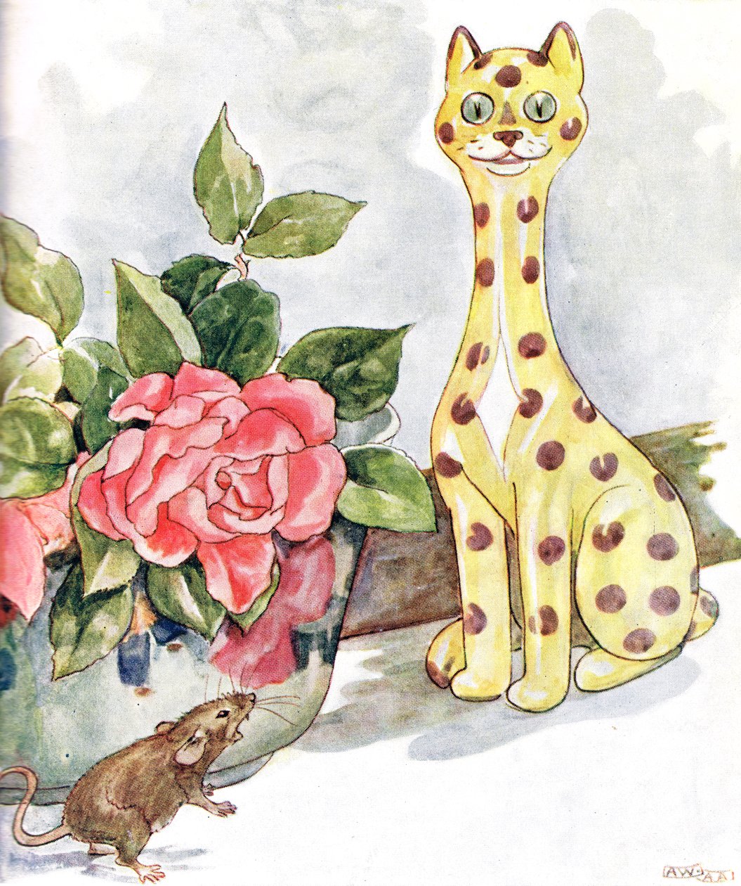 „Láttam egy nagyszerű macskát foltokkal borítva”, illusztráció a „The Mischievous Mouse Book” című könyvből, Thomas Nelson und Sons, 1920-as évek alkotó: Anne Anderson