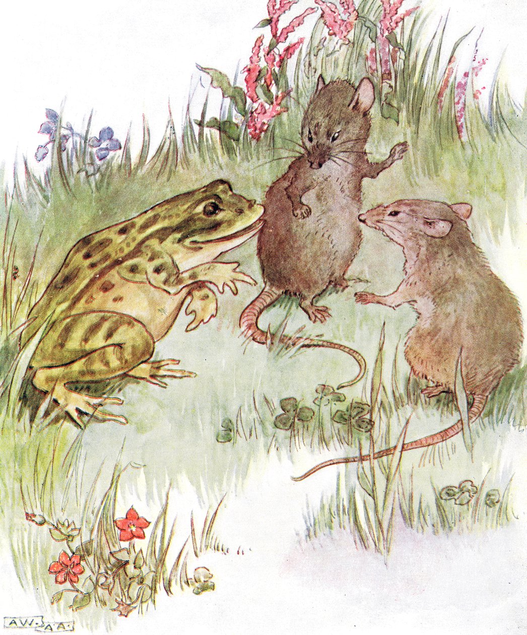 "Beszélgetett a csinos Miss egérrel", illusztráció a "The Mischievious Mousie Book"-ból, kiadó: Thomas Nelson und Sons, 1920-as évek. alkotó: Anne Anderson