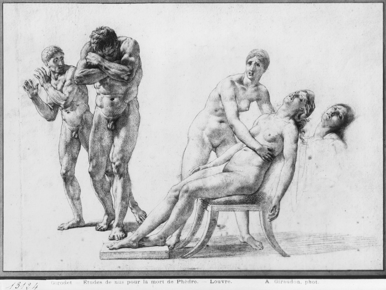 Phaedra halála, előkészítő vázlat Racine teljes műveinek illusztrációjához, V. felvonás VII. jelenet, 1801-ben megjelent (fekete ceruza papíron) alkotó: Anne Louis Girodet de Roucy Trioson