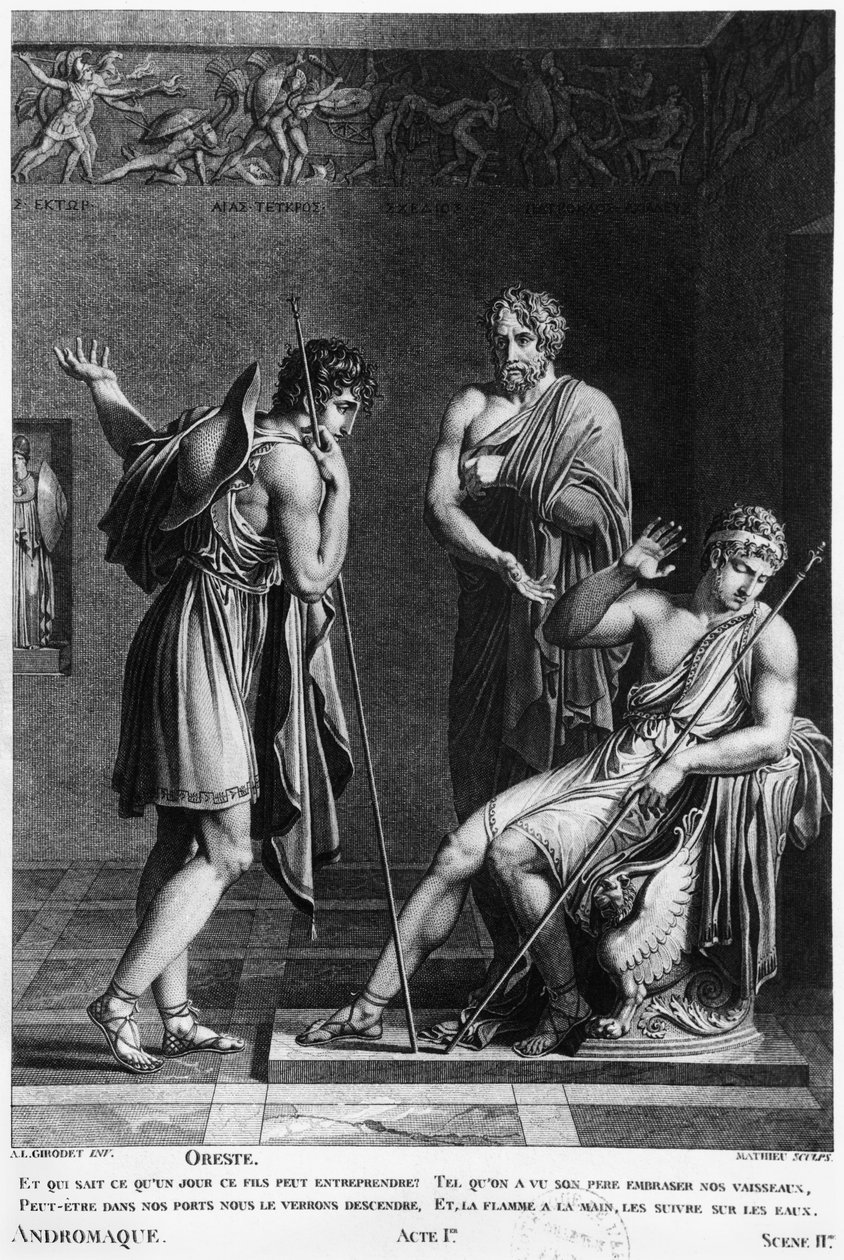 Orestes és Pyrrhus, illusztráció Jean Racine (1639-99) „Andromaque” I. felvonásának 2. jelenetéből, Mathieu (19. század) metszete alkotó: Anne Louis Girodet de Roucy Trioson