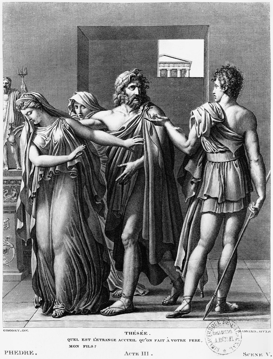 Phaedra, Theseus és Hippolytus, illusztráció a III. felvonásból, Jean Racine (1639-99) „Phedre” 5. jelenetéből Raphael Urbain Massard (1775-1843) metszete 1824 alkotó: Anne Louis Girodet de Roucy Trioson