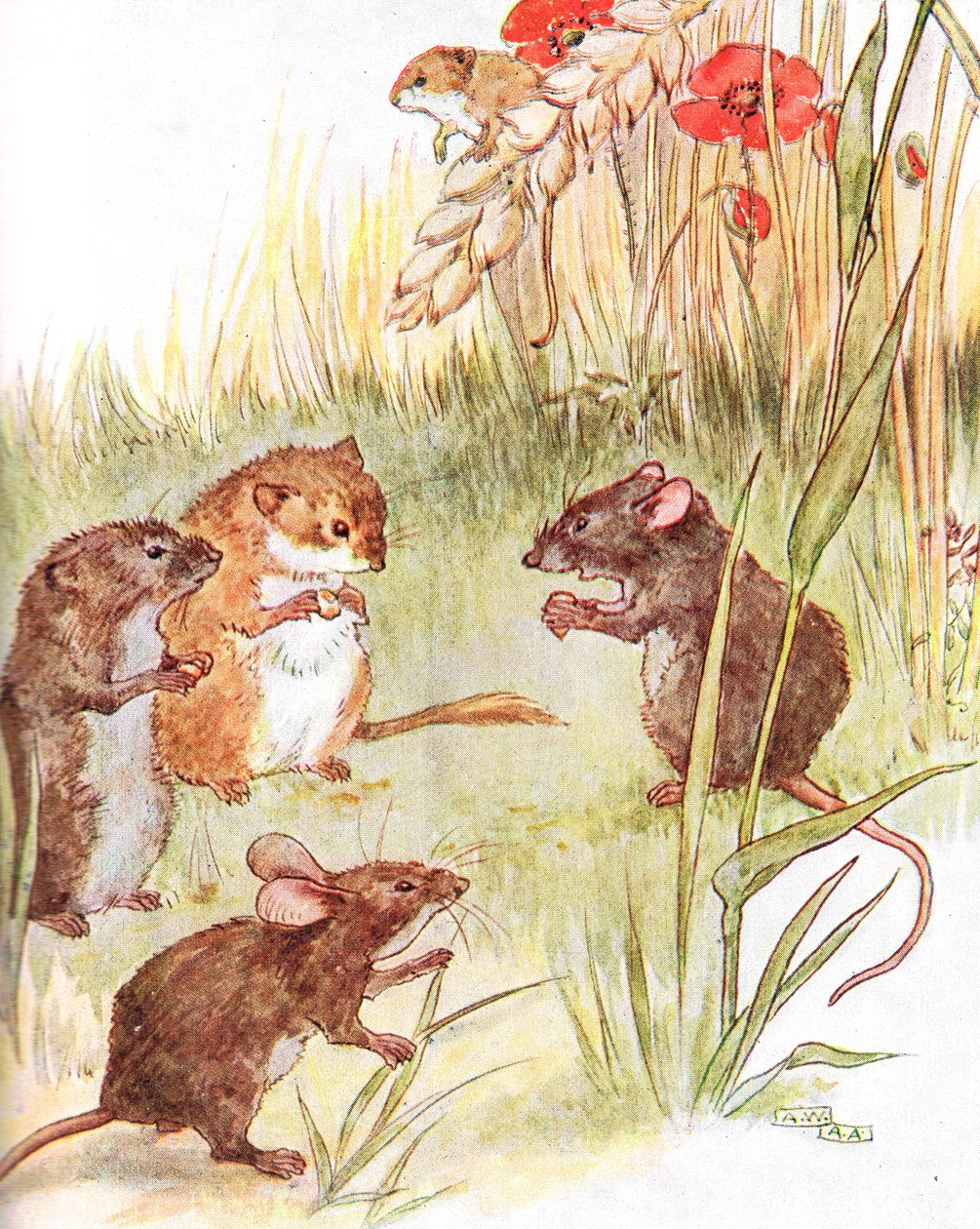 „Barátokkal lakom az országban”, illusztráció a „The Mischievous Mouse Book” című könyvből, Thomas Nelson und Sons, 1920-as évek alkotó: Anne Anderson
