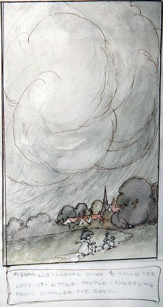 "Aquarillo lenézett, és sok kis embert látott a földön száguldozni" (toll és tinta akvarellel a papíron) alkotó: Anne Anderson