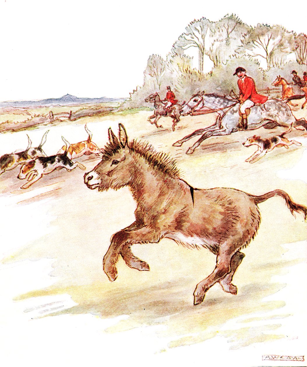 "Életem legjobb napja volt ma. Piros kabátos emberek lovakon és sok kutya galoppozott át a mezőmön", illusztráció a Thomas Nelson und Sons által kiadott "The Naughty Neddy Book" című könyvből, 1920-as évek (színes). alkotó: Anne Anderson