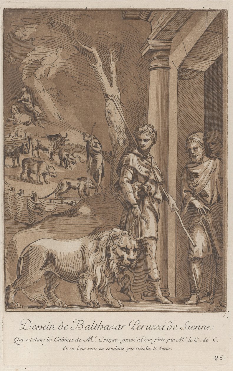 Egy pásztor oroszlánt tart pórázon az előtérben, középen a sh..., kb. 1729-64 alkotó: Anne Claude Philippe de