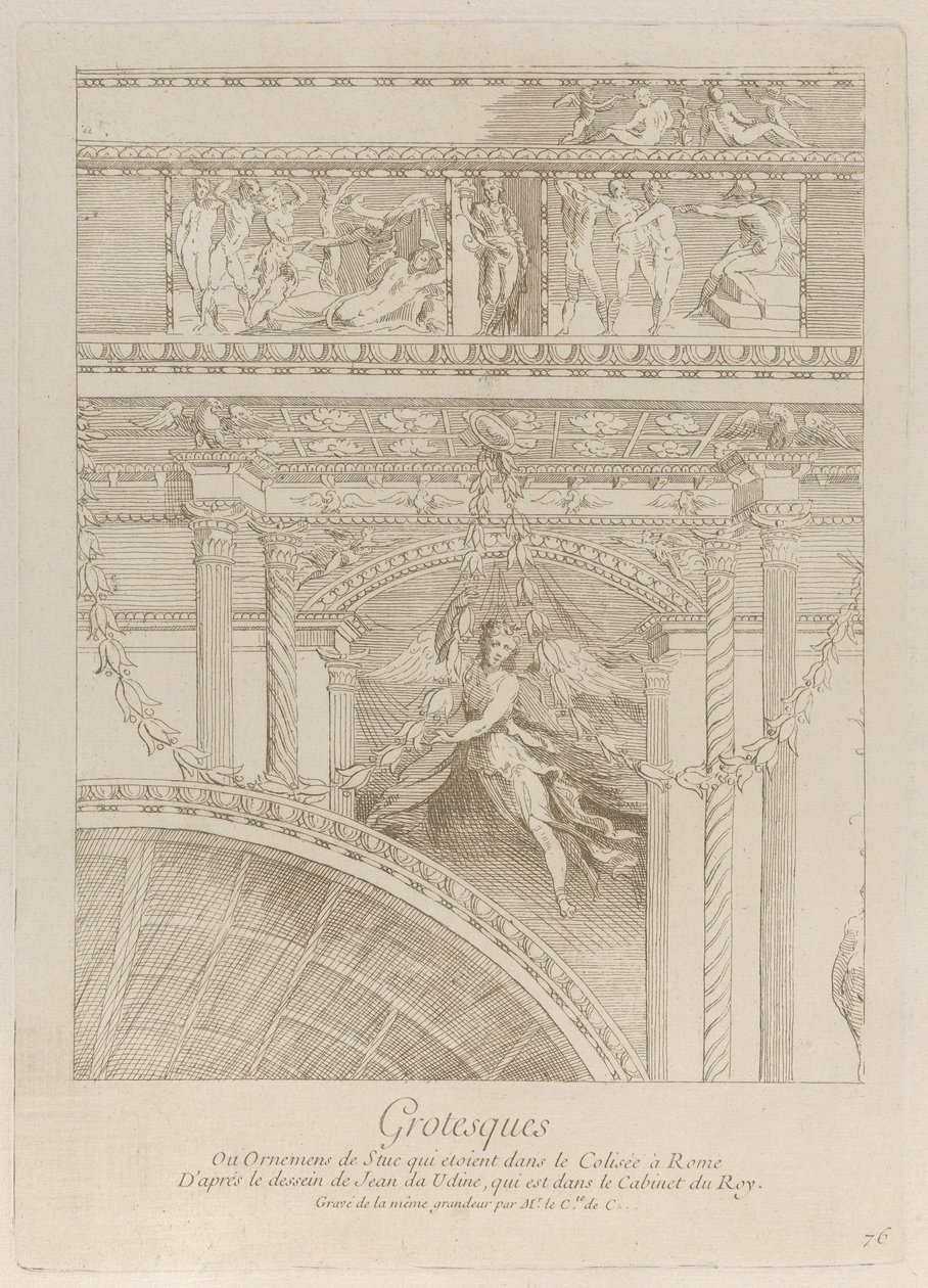 Groteszkek: a római Colosseumot díszítő stukkó domborművek részlete, szárnnyal..., kb. 1729. alkotó: Anne Claude Philippe de Caylus