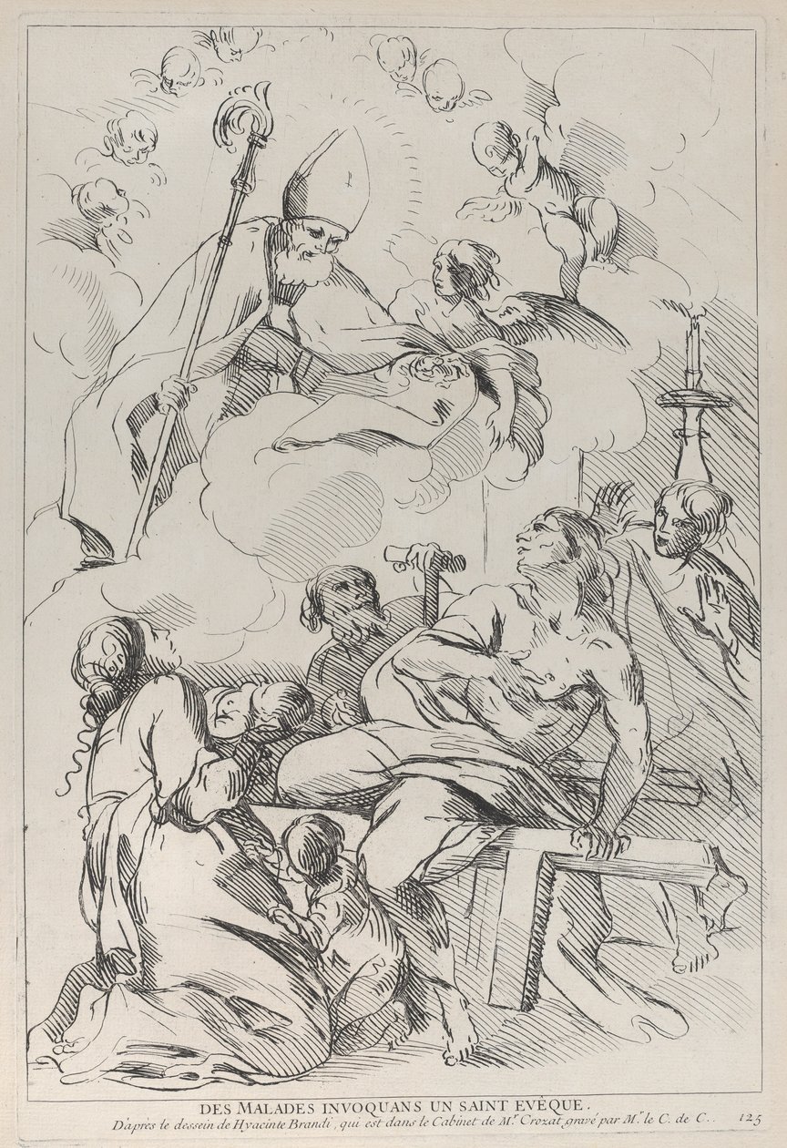 Betegek a bal felső sarokban megjelenő püspökszentet idéző emberek, 1729-40. alkotó: Anne Claude Philippe de Caylus