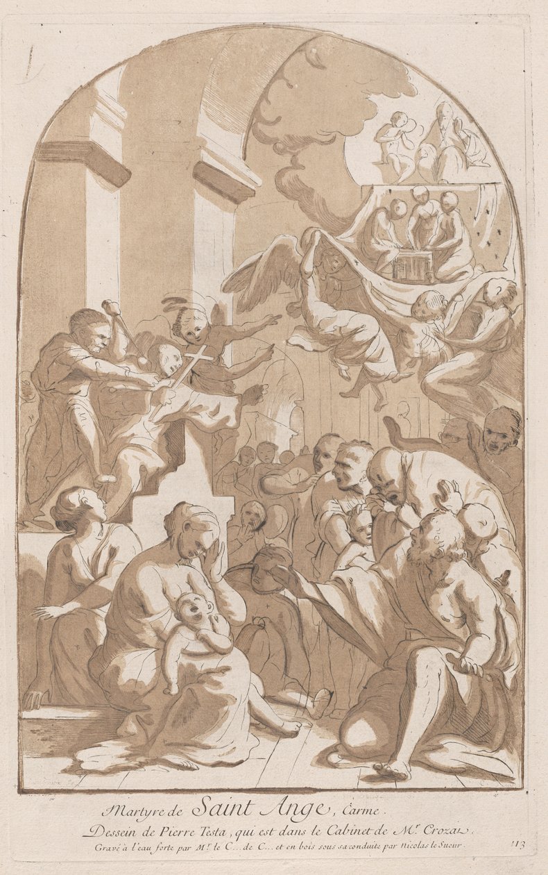 A bal felső sarokban szúrt Szent Angelo mártíromságát horrifi nézi, 1729-64. alkotó: Anne Claude Philippe de Caylus