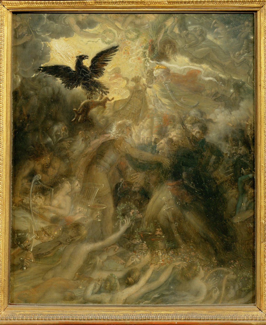A francia hősök árnyai, akiket Ossian a légi Elysée-ben fogadott. A szatirikus másolat a nagy ... alkotó: Anne Louis Girodet de Roucy-Trioson