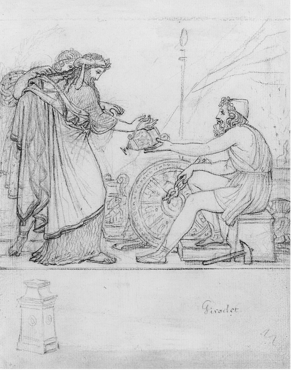 Anakreon ezüst vázát kap két álló alaktól, egy sztélát tanulmányozva: Illusztráció Anacreon XVII. ódájához „Girodet” felirattal (fekete kréta papíron) alkotó: Anne Louis Girodet de Roucy Trioson