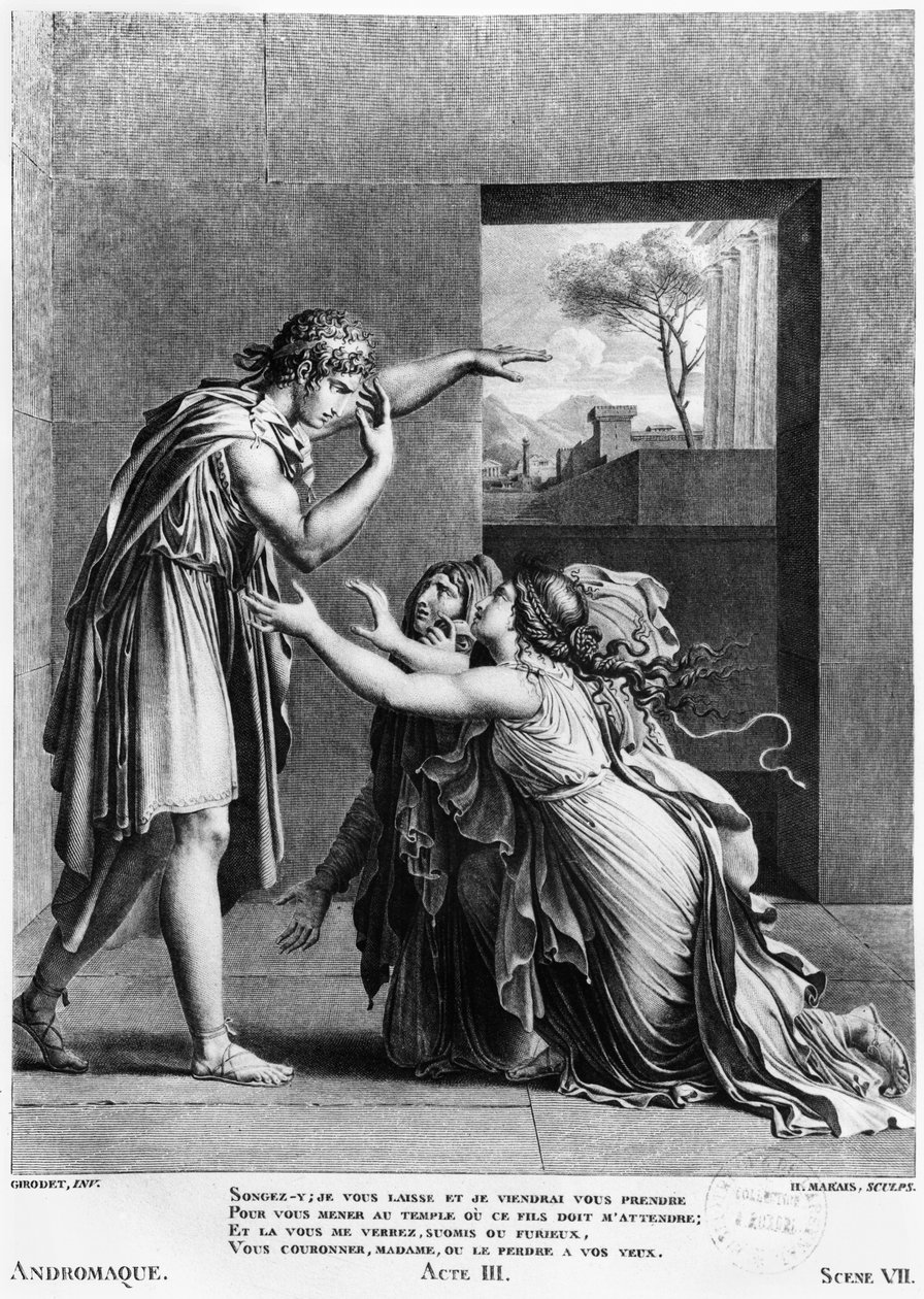 Andromache a Pyrrhus lábánál, illusztráció Jean Racine (1639–1699) „Andromaque” 7. jelenetéből, Henri Marais (szül. 1768 körül) metszetéből alkotó: Anne Louis Girodet de Roucy Trioson