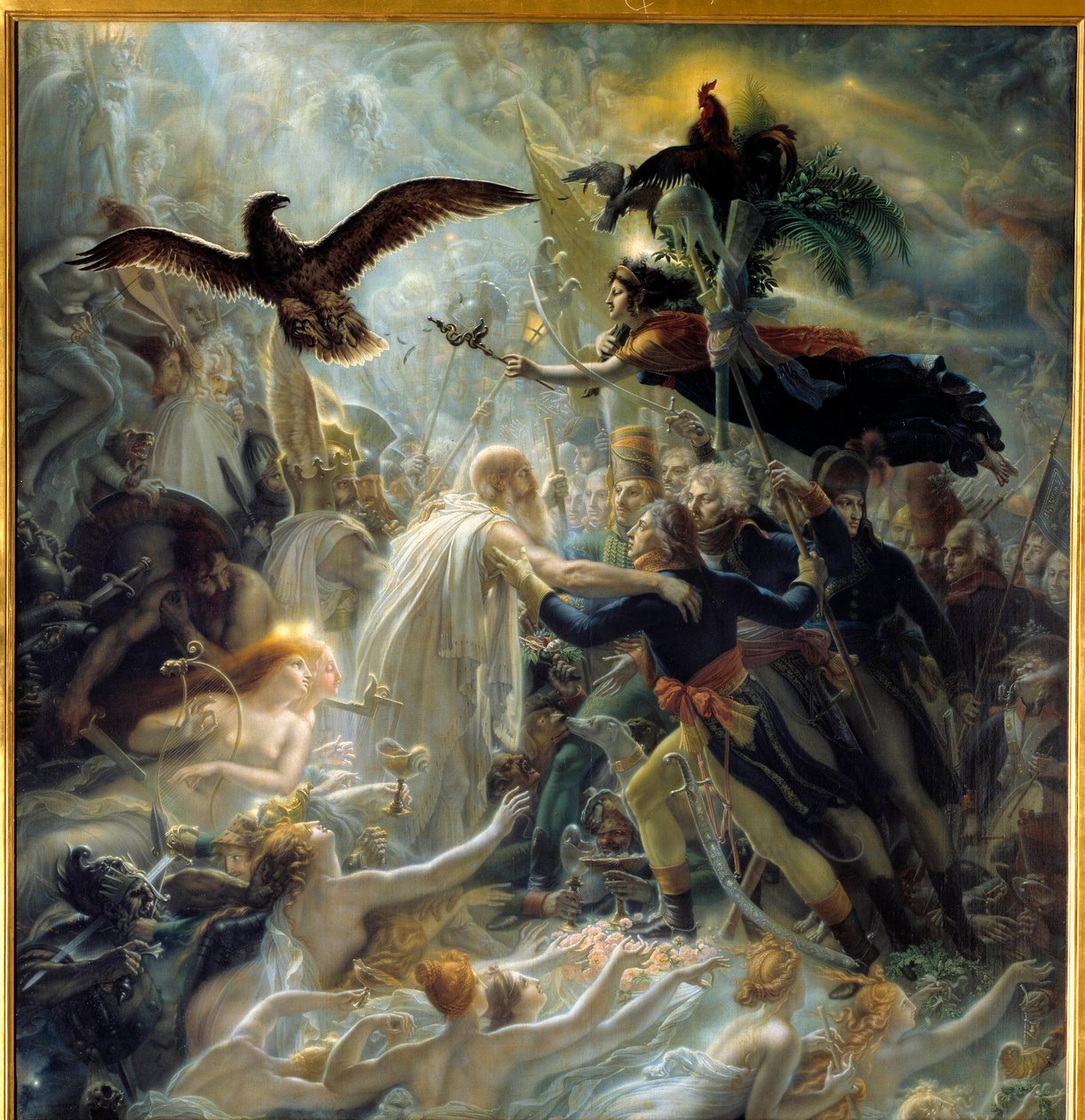 A Liberte-háborúban a hazáért elhunyt francia hősök apoteózisa, Bonaparte Allegorie Napóleonnak, a bárd Ossiannak, a III. századi skót költőnek, aki Louis Charles Antoine Desaix de Ve-t üdvözölte, Napóleon olvasta. alkotó: Anne Louis Girodet de Roucy Trioson