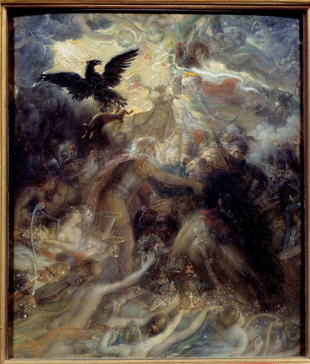 A Liberte-háborúban a hazáért halt francia hősök apoteózisa, Bonaparte Allegorie Napóleon tiszteletére, aki a bárd Ossian, a III. század skót költője volt, akit Napóleon olvas fel, aki Louis Charles Antoine Des tábornokot üdvözölte. alkotó: Anne Louis Girodet de Roucy Trioson