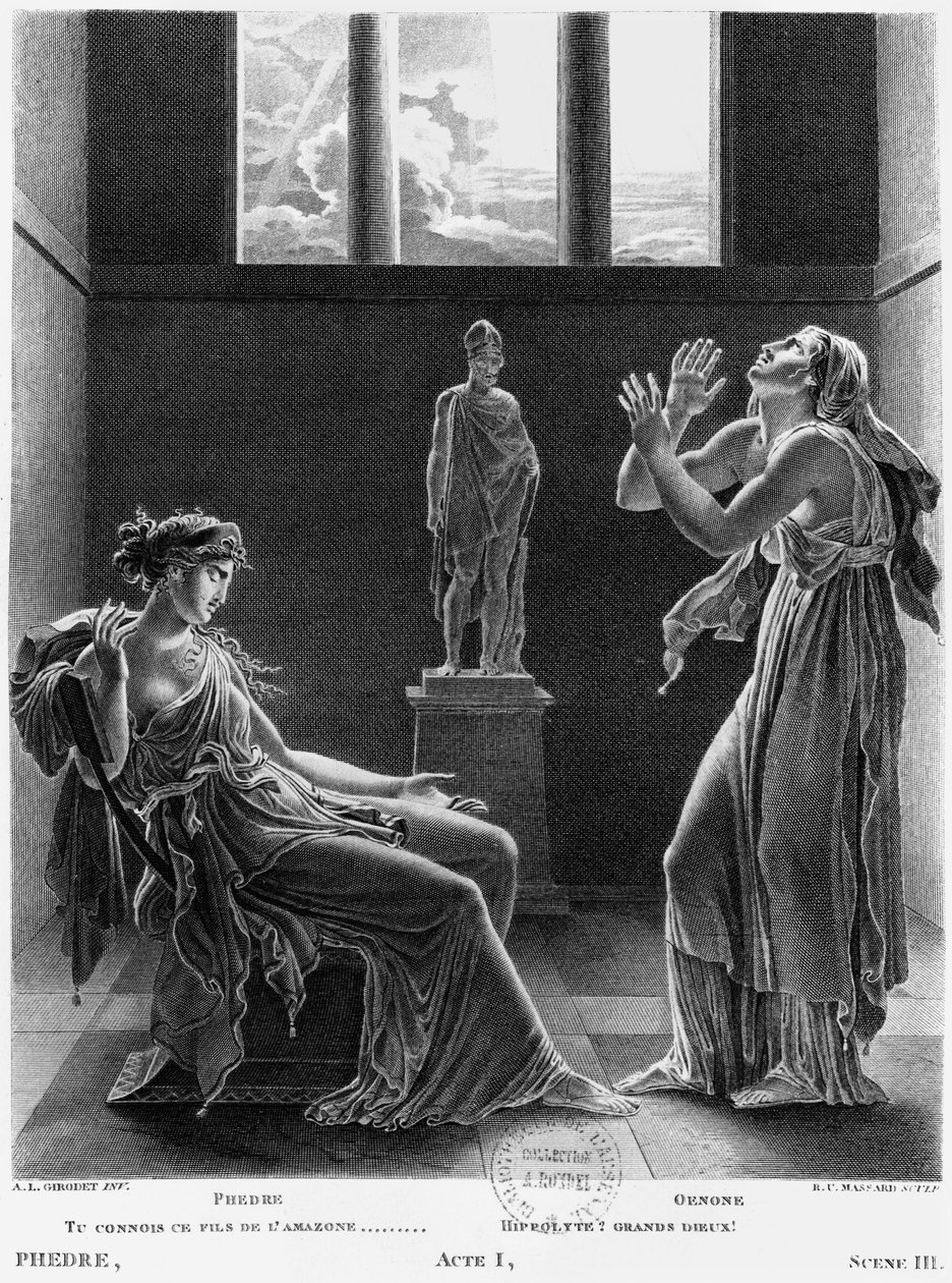 Phaedra és Oenone, illusztráció Jean Racine (1639-1699) „Phedre” című művének I. felvonásának 3. jelenetéből, Raphael Urbain Massard (1775-1843) metszete 1824 alkotó: Anne Louis Girodet de Roucy Trioson