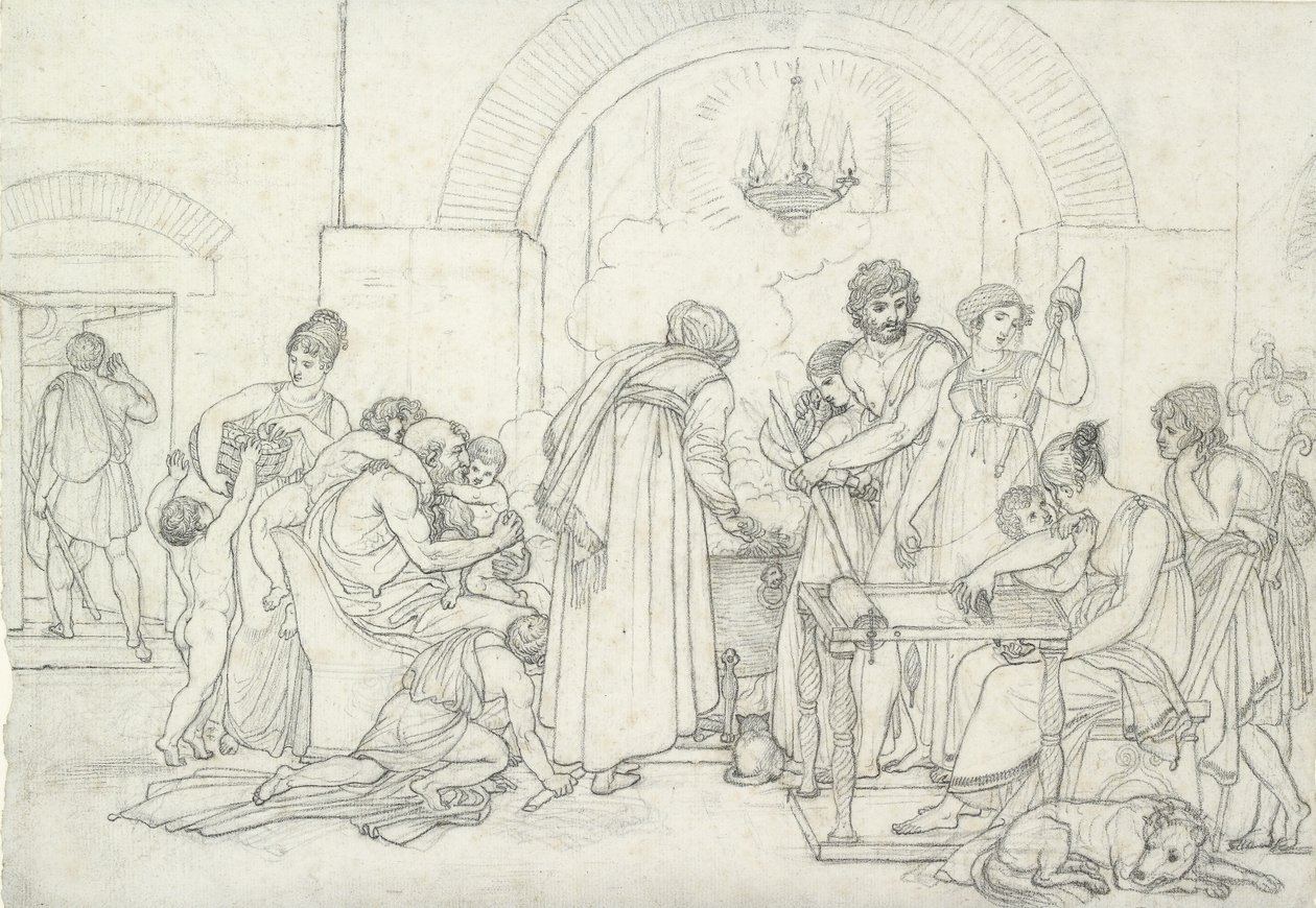 Rusztikus belső tér az ókorban (fekete kréta finom textúrájú fehér papíron) alkotó: Anne Louis Girodet de Roucy Trioson