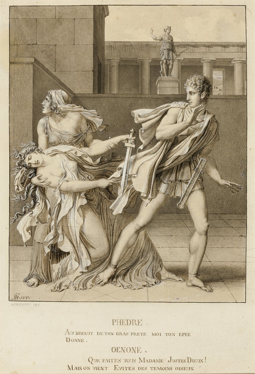 Phaedre, miután kinyilvánította szenvedélyét, megpróbálja megölni magát Hippolytus kardjával alkotó: Anne Louis Girodet de Roussy Trioson
