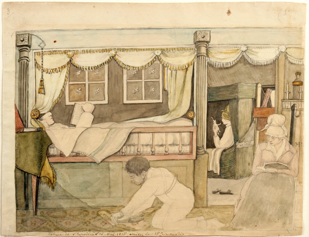 A Hyde De Neuville kabin az Eurydice-en, 1816 (akvarell, grafit, valamint fekete-barna tinta papíron, kártyára rögzítve) alkotó: Anne Marguerite Hyde de Neuville