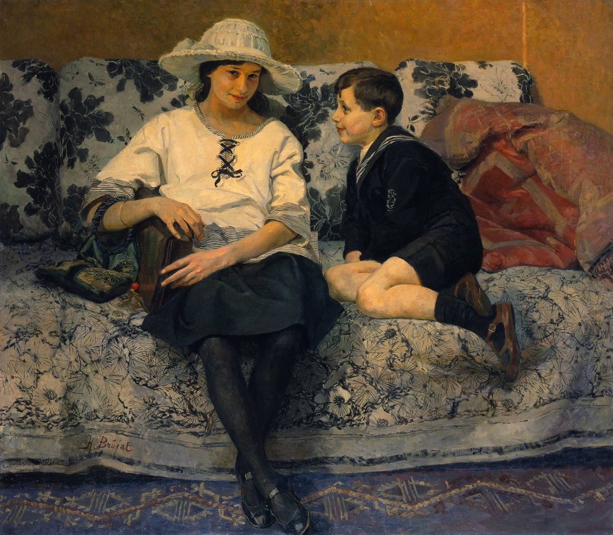 Egy fiatal lány és egy fiatal fiú a kanapén (olaj, vászon) alkotó: Anne Marie Henriette Brejat