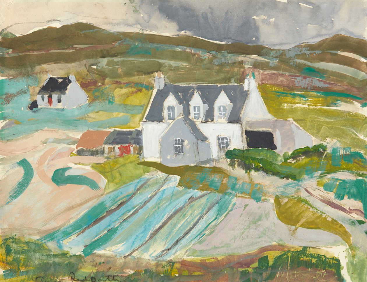 Házak Clachanishben, Skye-ban (ceruza és akvarell) alkotó: Anne Redpath